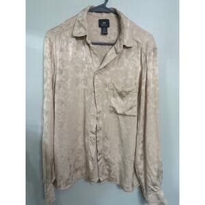 H&M Satin Textured Button Down Blouse | Beige / Taupe | Size M